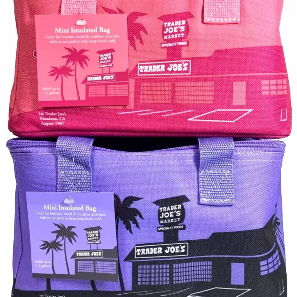 NEW Trader Joe's Mini Insulated Tote Bag Bundle 1 Pink and 1 Lavender NWT